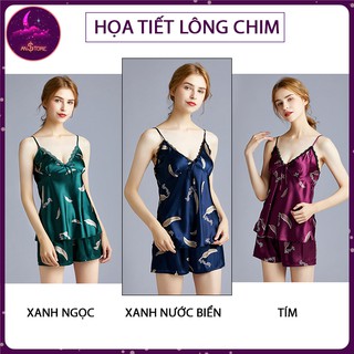 Bộ Đồ Ngủ Nữ Lụa Tuyết Hai Dây Họa Tiết Lông Chim Cao Cấp