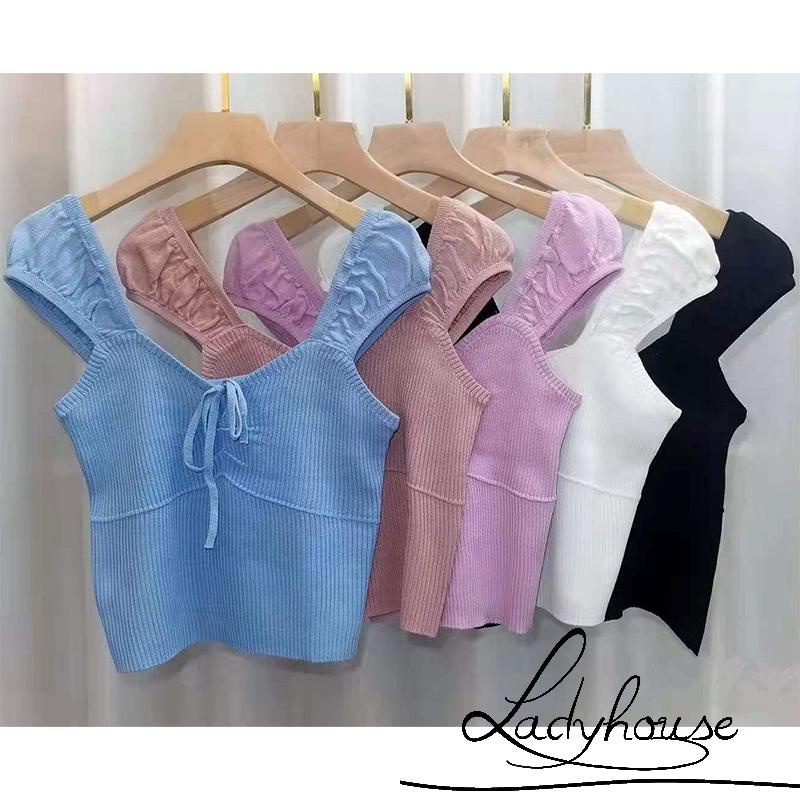 Áo Croptop Dệt Kim Tay Ngắn Màu Sắc Trơn Cột Dây Phía Trước Gợi Cảm Cho Nữ