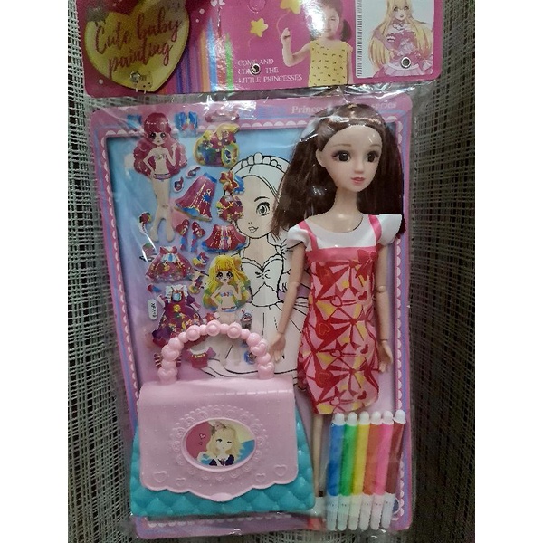 Búp bê có khớp tặng kèm tranh tô màu, viết màu, giỏ xách, vỉ sticker 3D cho bé, size bê 30cm