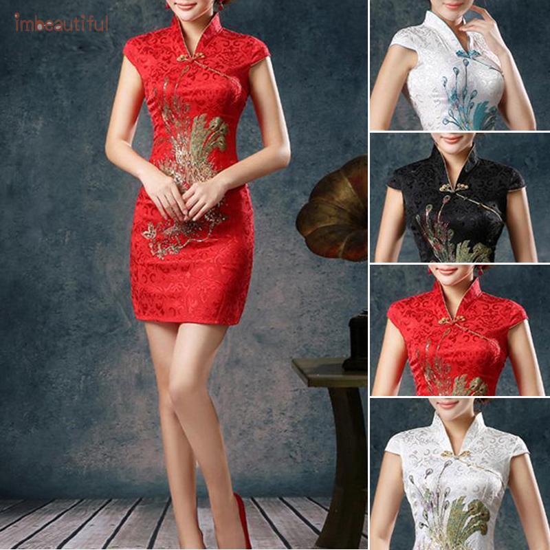 Đầm sườn xám ngắn tay đính sequin lấp lánh sang trọng dành cho nữ