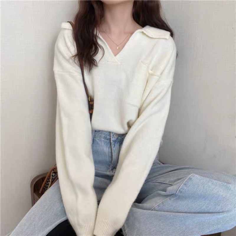 [CÓ SẴN+ẢNH THẬT] Áo len nữ form rộng cổ V mix túi ngực mẫu 2021