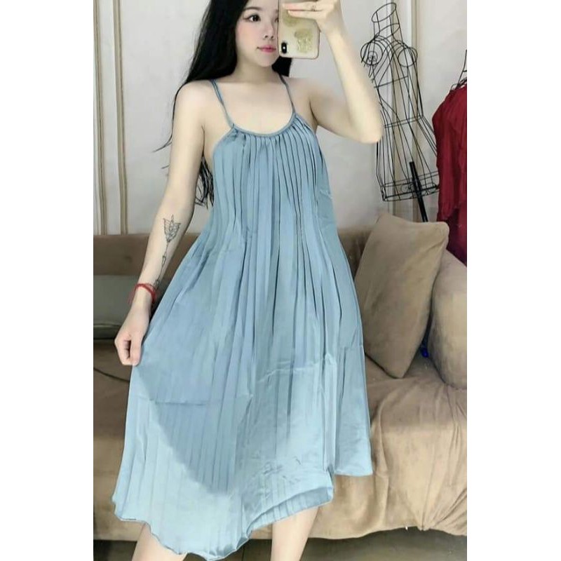 váy đầm maxi cổ yếm xếp ly