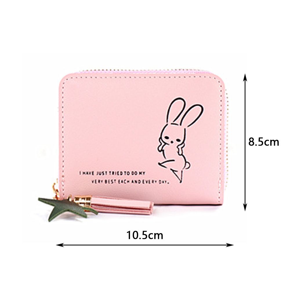 Ví mini ngắn có khóa kéo họa tiết thỏ đơn giản phối tua rua thời trang phong cách Hàn Quốc