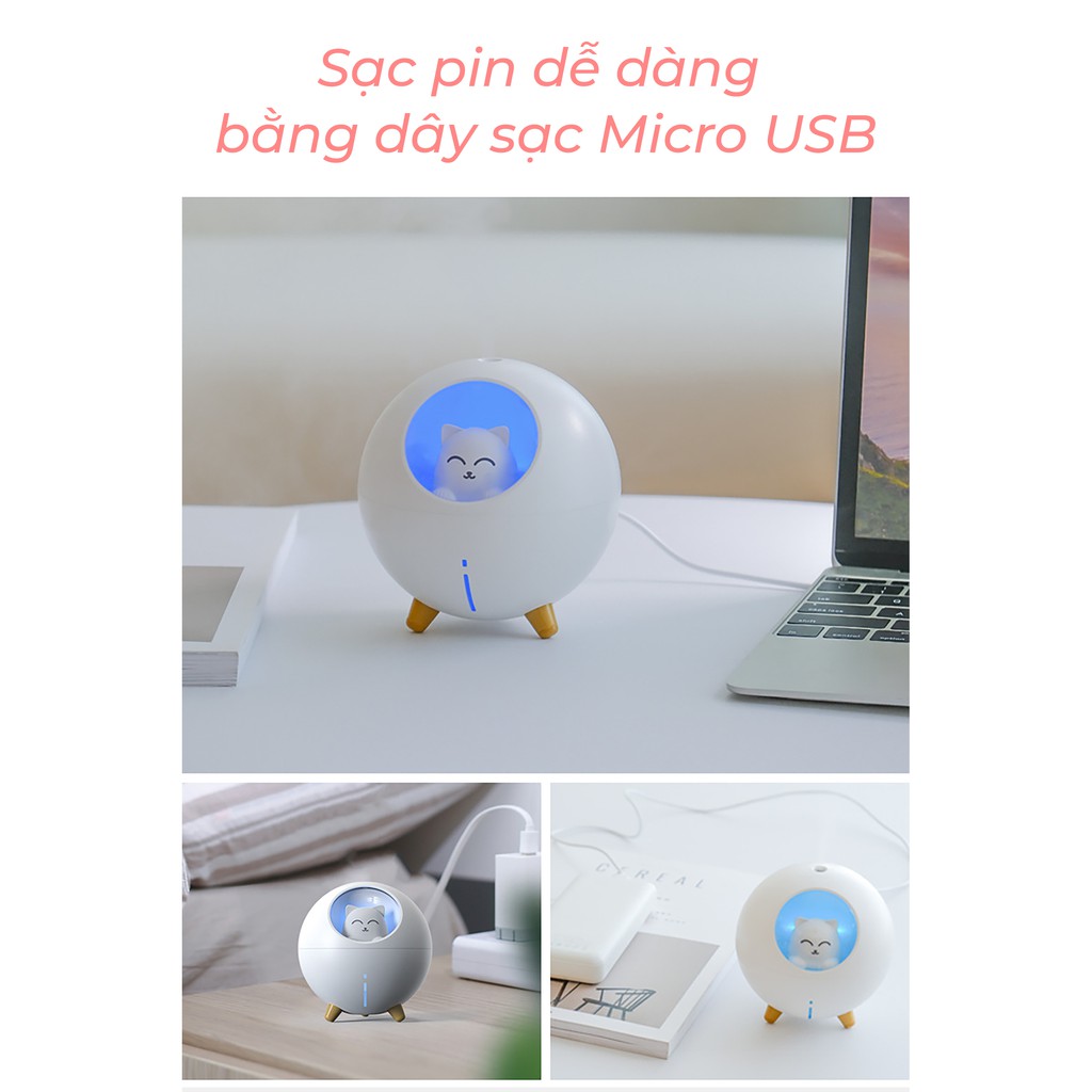 Máy Phun Sương Mini Tạo Ẩm Không Khí Giá Rẻ Hình Mèo Có Đèn Ngủ Chất Lượng Siêu Tốt.