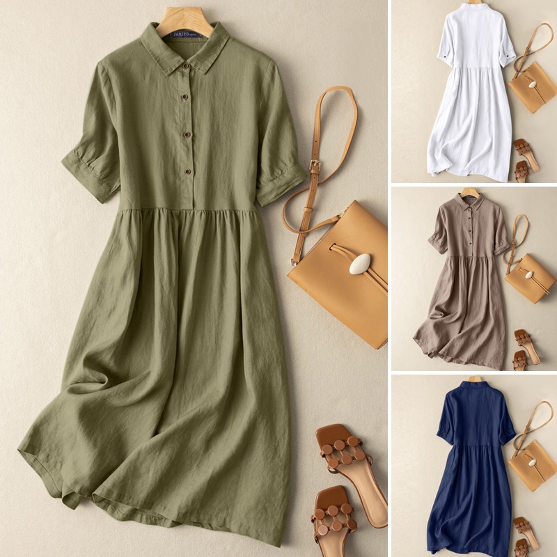 Zanzea Đầm Midi Tay Ngắn Cổ Bẻ Phong Cách Retro Thời Trang Cho Nữ