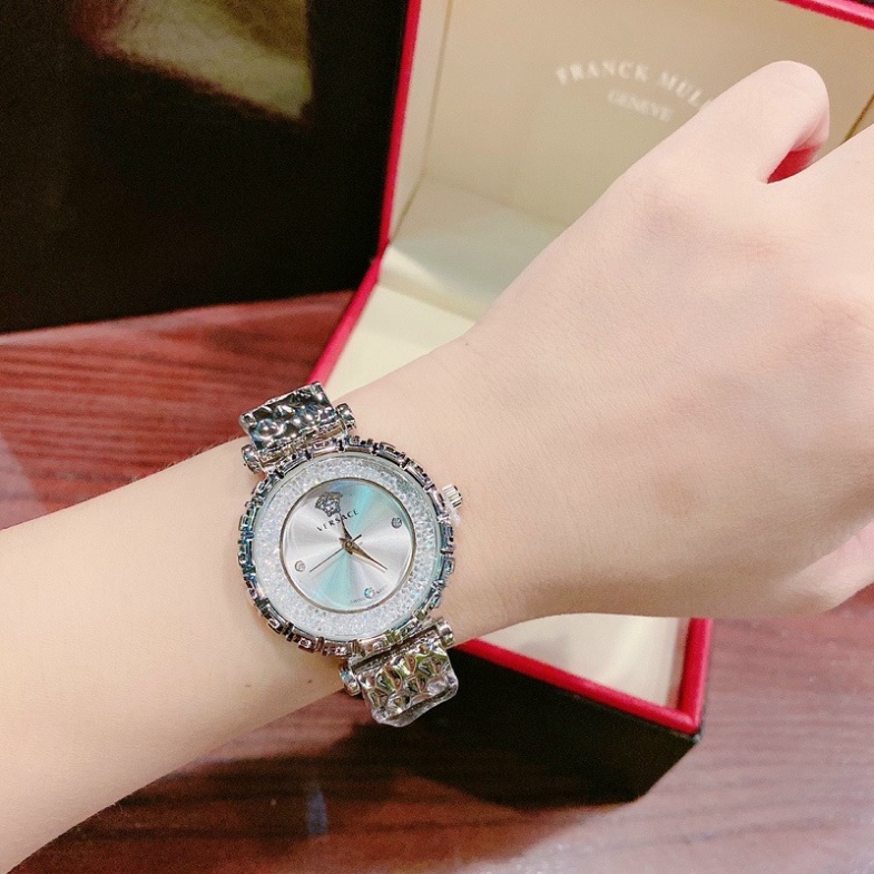 Đồng hồ đeo tay thời trang nữ VERSACE dây kim loại thép không gỉ mạ vàng mặt tròn đính đá cao cấp chống nước chống xước