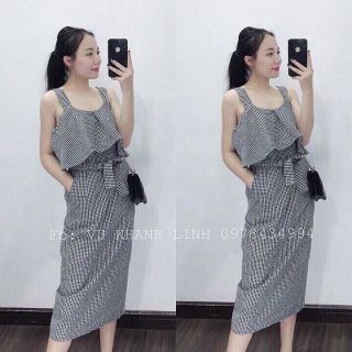Đầm caro nơ eo