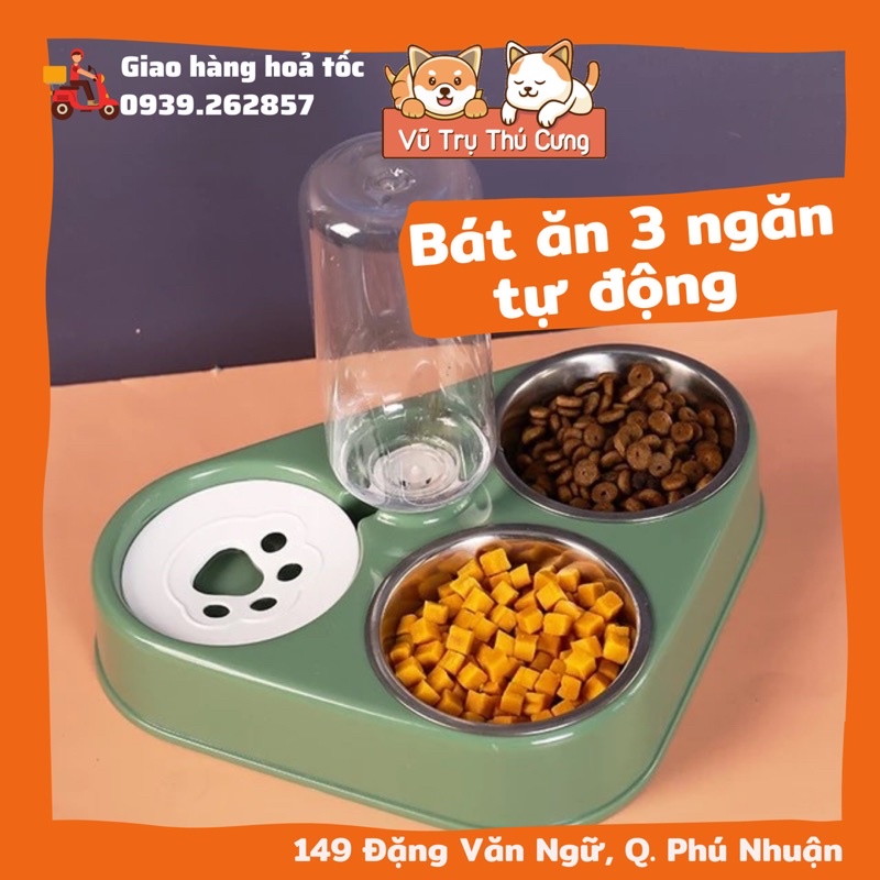 [Mã PET50K giảm Giảm 10% - Tối đa 50K đơn từ 250K] Bát ăn chó mèo 3 ngăn tự động kèm bình nước (mẫu tam giác)