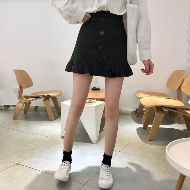 Chân váy kaki chữ a xòe đuôi cá phối cúc co giãn lưng cao có lót quần phong cách Ulzzang CV4