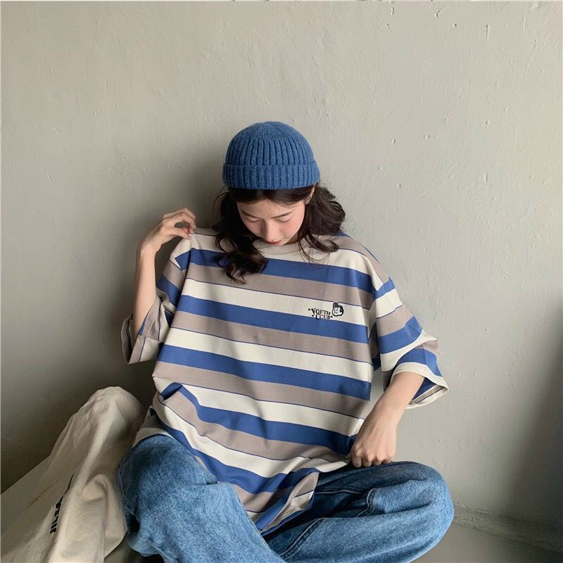Áo thun tay lỡ nam nữ form rộng kẻ sọc ngang Unisex phong cách hàn quốc