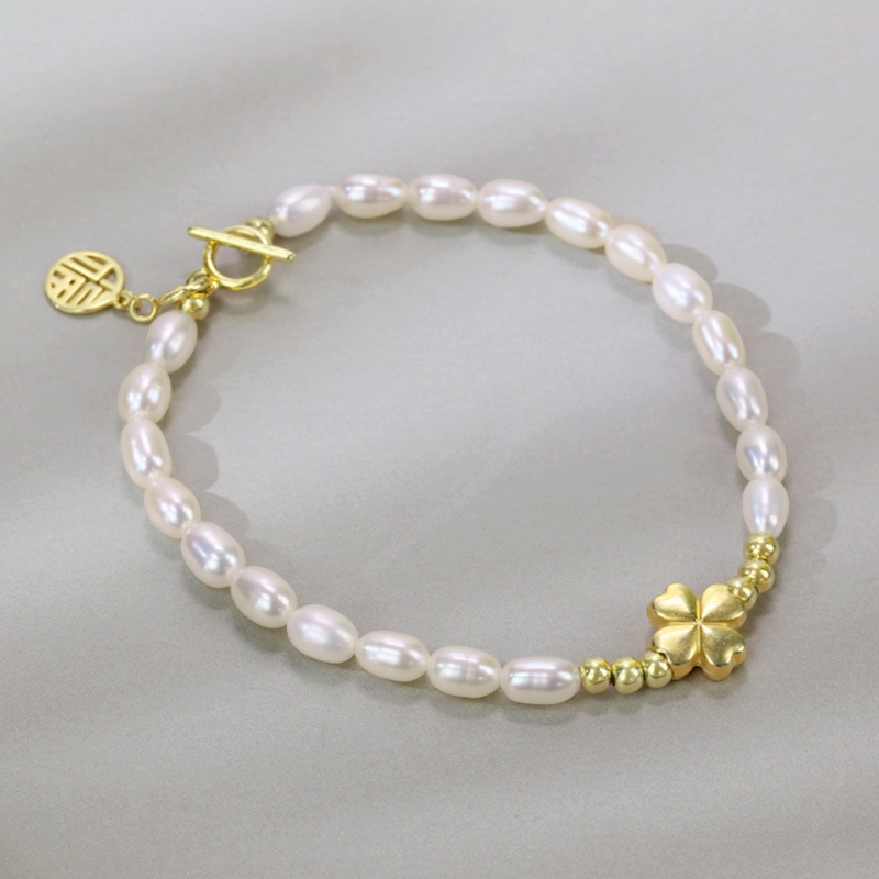 Vòng tay ngọc trai nuôi , hạt ngọc nhí 5mm mix charm cỏ 4 lá may mắn bạc s925 LT2776 - Bảo Ngọc Jewelry