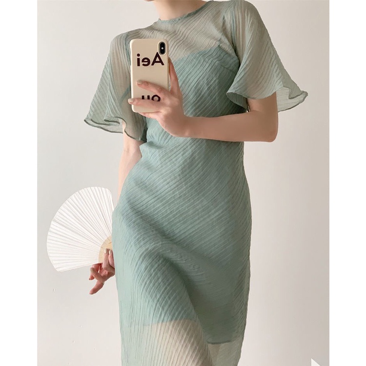 Đầm, váy nữ dáng dài 2 lớp tay ngắn xếp ly màu xanh bạc hà thời trang mùa hè mới nhất VDA1