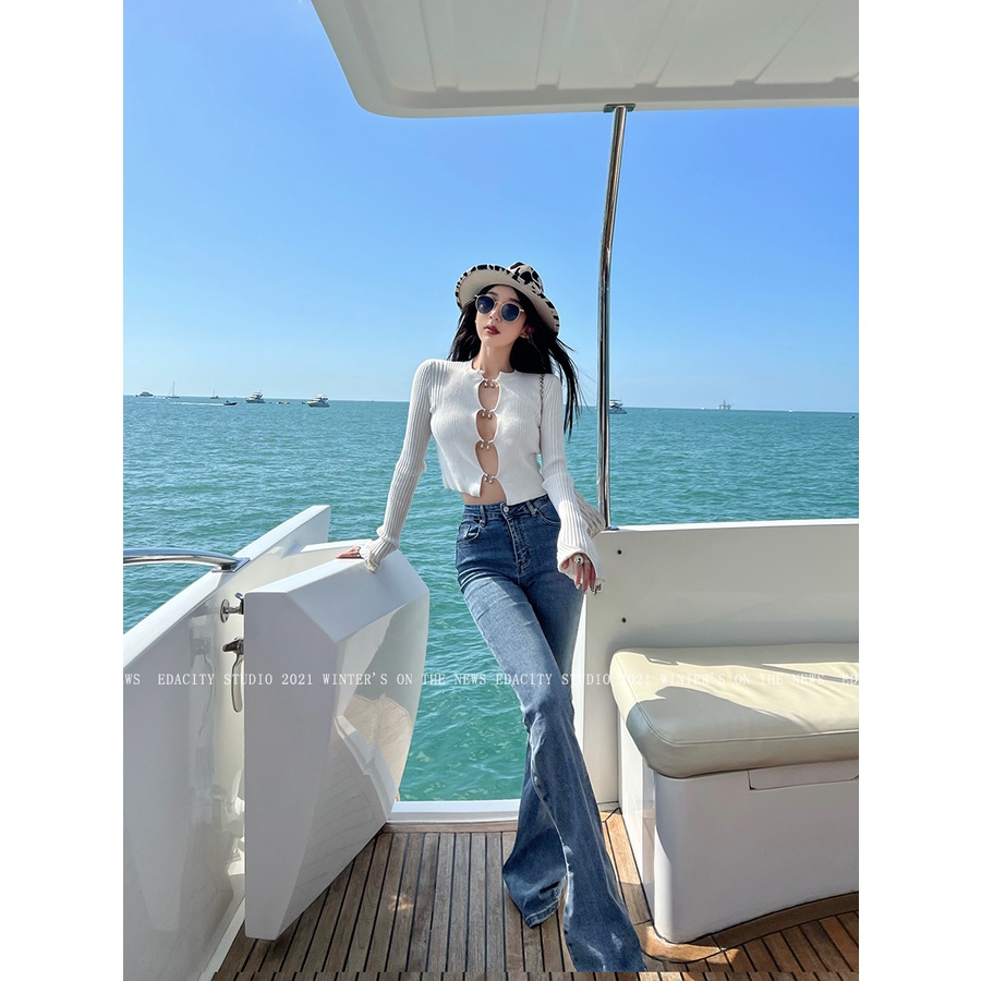 Cocory vn Áo cardigan dệt kim màu đen thiết kế quyến rũ thời trang cho nữ