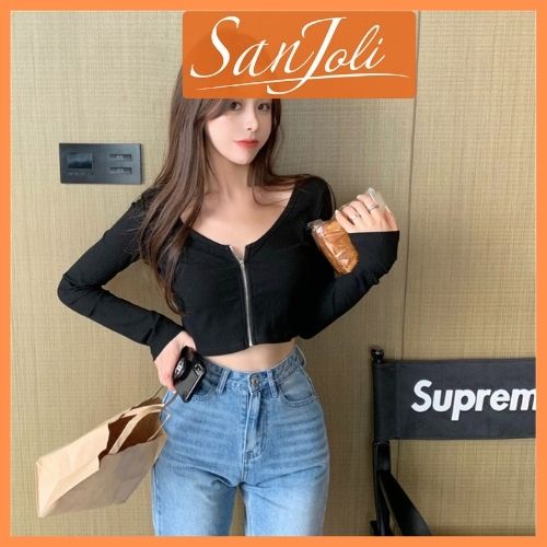 Áo Croptop Ôm Tay Dài SANJOLI Áo Kiểu Croptop Nữ Body Sexy Cổ Tim  Đẹp Bánh Bèo Trắng Đen AO036