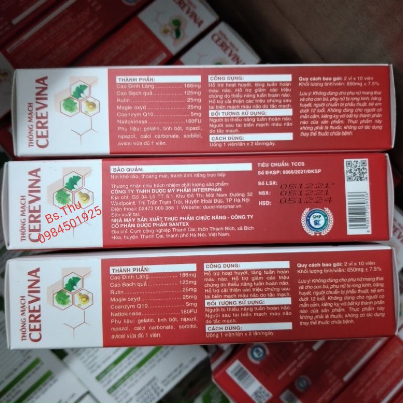 Combo 2 hộp Thông mạch Cerevina hộp 20 viên hỗ trợ hoạt huyết, tăng cường tuần hoàn máu não