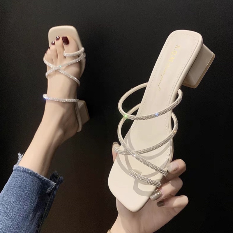 Giày cao gót,dép sandal quai đính đá mẫu sỏ ngón gót vuông 5p rất sang trọng cho quý cô dự tiệc,đi hàng ngày-VNS06