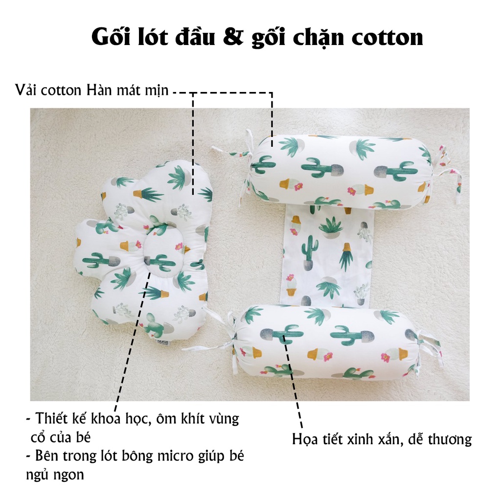 Gối chống bẹt đầu &amp; gối chặn RUNA KIDS - Chất liệu Cotton Hàn 100% cao cấp, mềm mịn, an toàn cho da bé