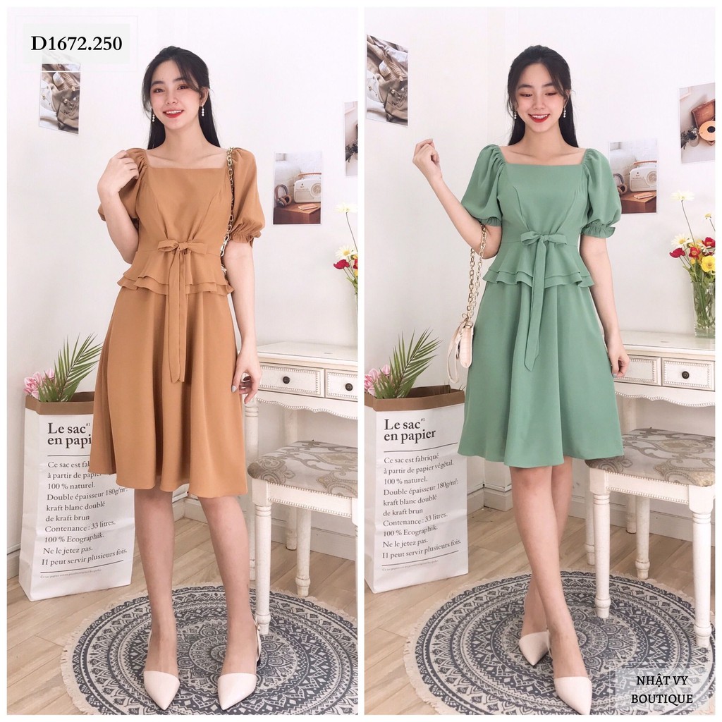 ĐẦM CỔ VUÔNG PHỐI EO 2 LỚP BÈO - D1672