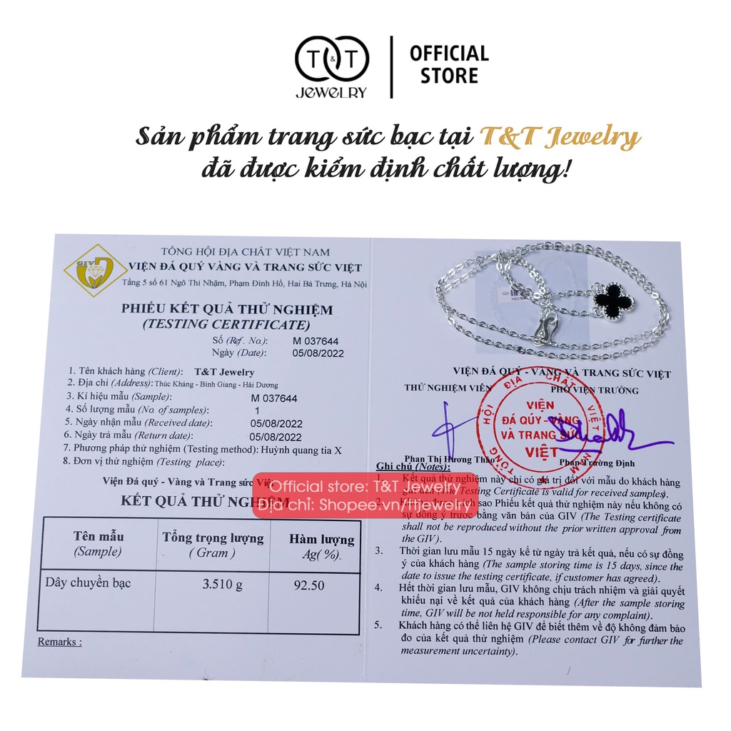Dây chuyền nữ Bạc Ý 4 Lá Đen s925 T&amp;T Jewelry cao cấp DC016
