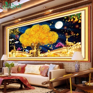 (tranh chưa thêu edb64n) Tranh thêu kín Hươu Nai Tuần Lộc phát tài kích thước lớn 150x70cm