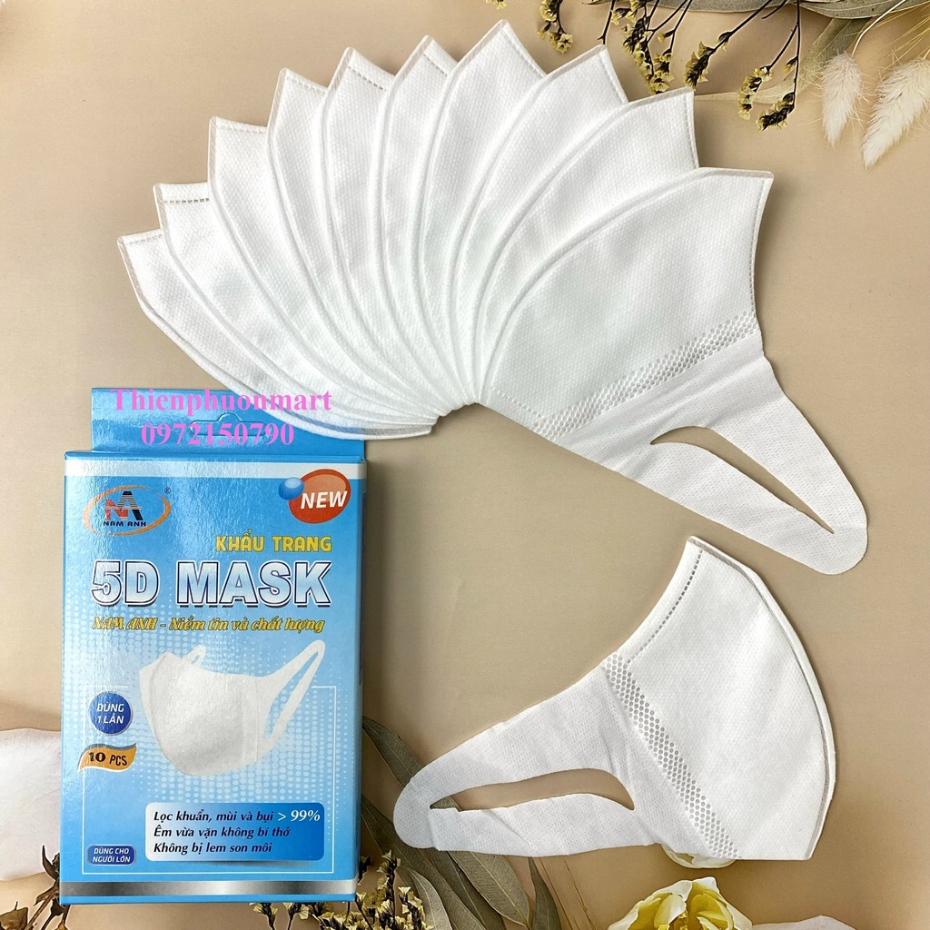 Khẩu Trang NAM ANH 5D DÂY VẢI Kháng Khuẩn 3 Lớp 10 Cái/ Hộp