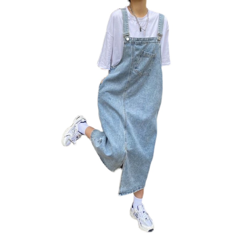 Đầm yếm denim SUXI không tay màu trơn dáng rộng vintage thời trang mùa hè dành cho nữ
