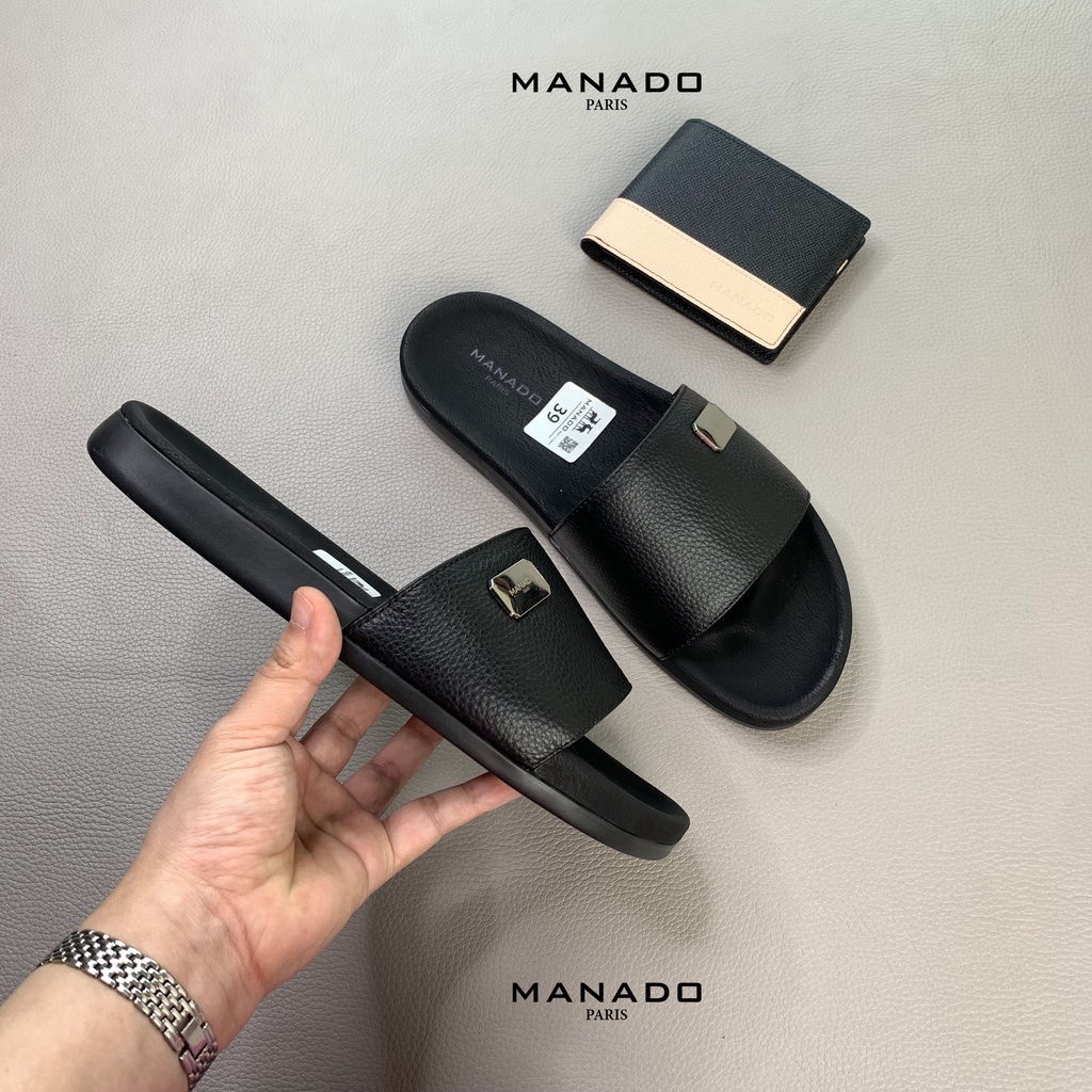 Dép Da Manado Cao Cấp - Chất Liệu Da Bò Nhập Khẩu, Đế Cao Su Mềm, Nhẹ - Mã MND02 Full Đen