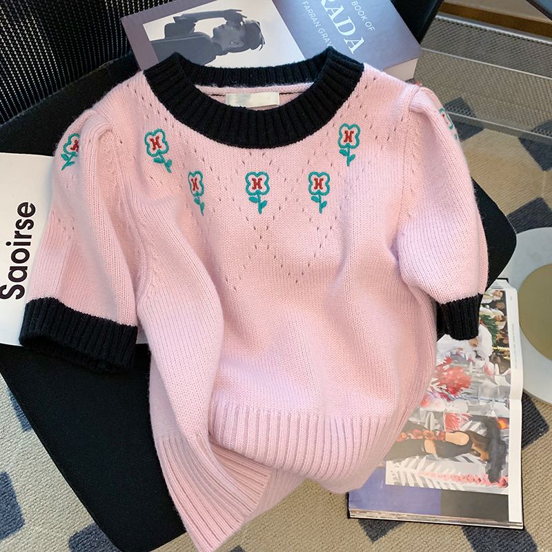 Áo Sweater Ngắn Tay Phồng Thêu Hoa Mẫu Mới 2022 Phong Cách Phương Tây