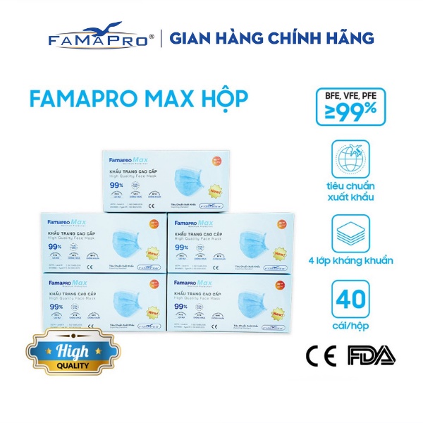 [HỘP40 CÁIMÀU XANH] COMBO 5 HỘP Khẩu trang y tế 4 lớp kháng khuẩn cao cấp Famapro max