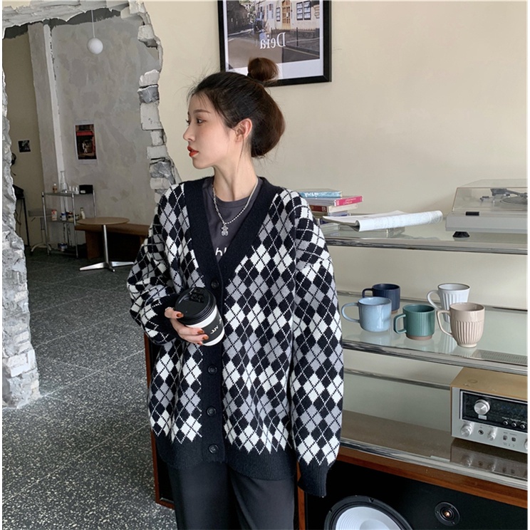 Áo cardigan len Quảng châu họa tiết ziczac caro màu đen trắng phong cách hàn quốc vintage ulzzang AC6 | BigBuy360 - bigbuy360.vn