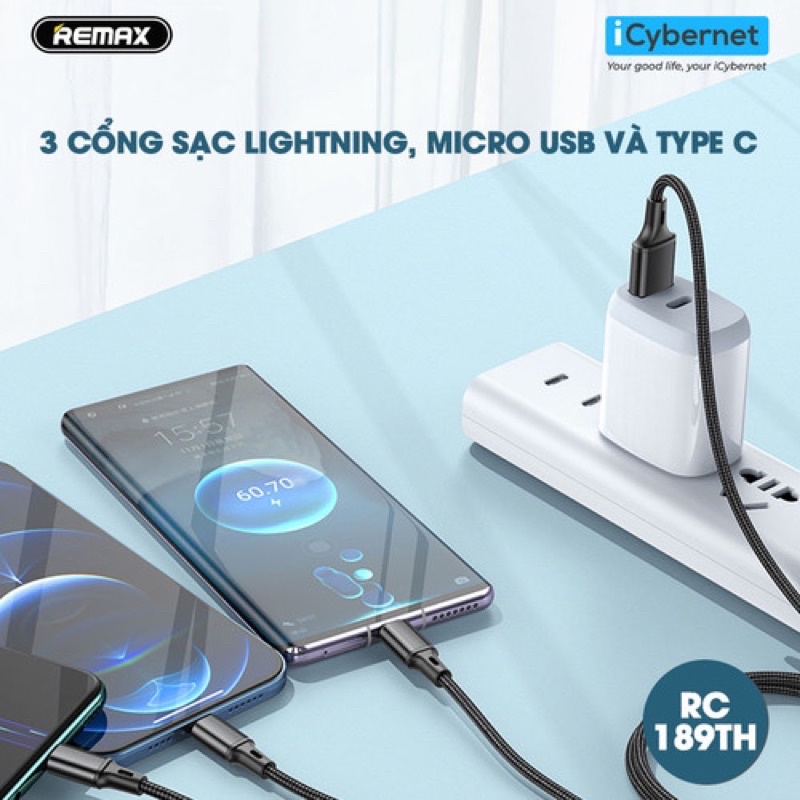 Cáp sạc REMAX 3 in 1 RC-189th. Ba đầu sạc: Lightning-Micro-Type C