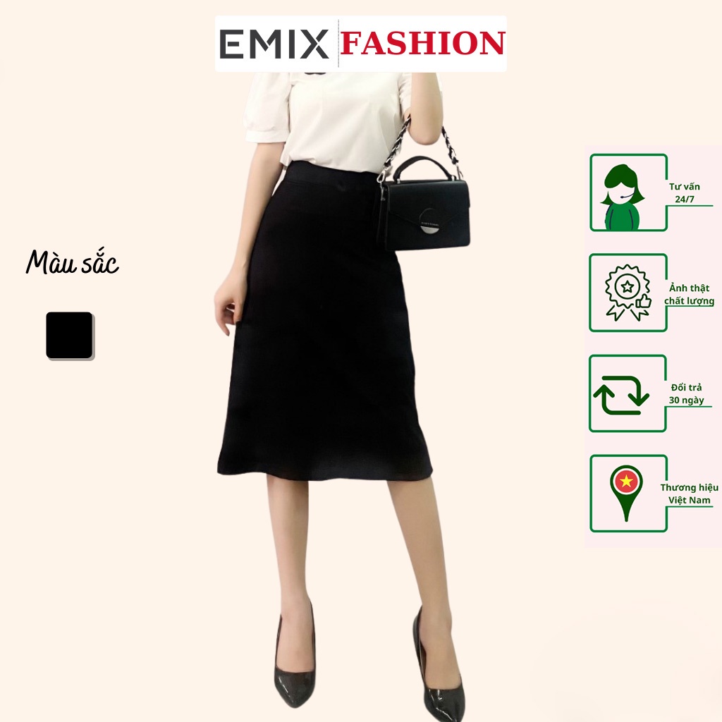 Chân váy công sở chữ A EMIX (màu đen), midi, dáng dài 70cm qua gối, vải umi co giãn nhẹ, không lộ, khóa sườn