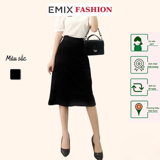 Chân váy công sở chữ A EMIX (màu đen), midi, dáng dài 70cm qua gối, vải umi co giãn nhẹ, không lộ, khóa sườn