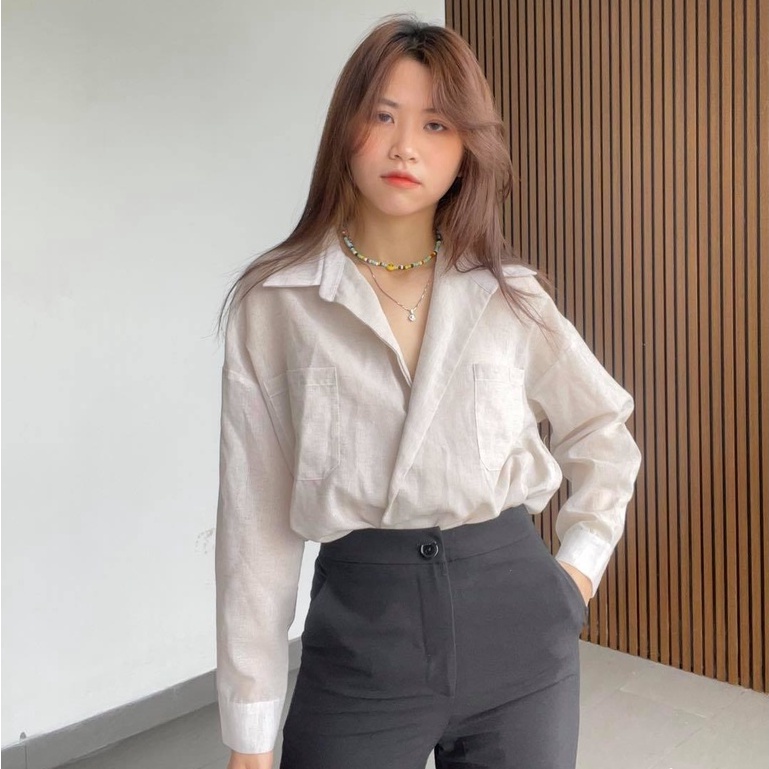 Áo sơ mi oversize 2 túi tay dài thời trang GAGO màu trắng xám GA3534