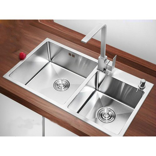 Combo Chậu rửa chén SENTANO 82x45cm 2 hộc lệch có vòi nóng lạnh vuông dẹp