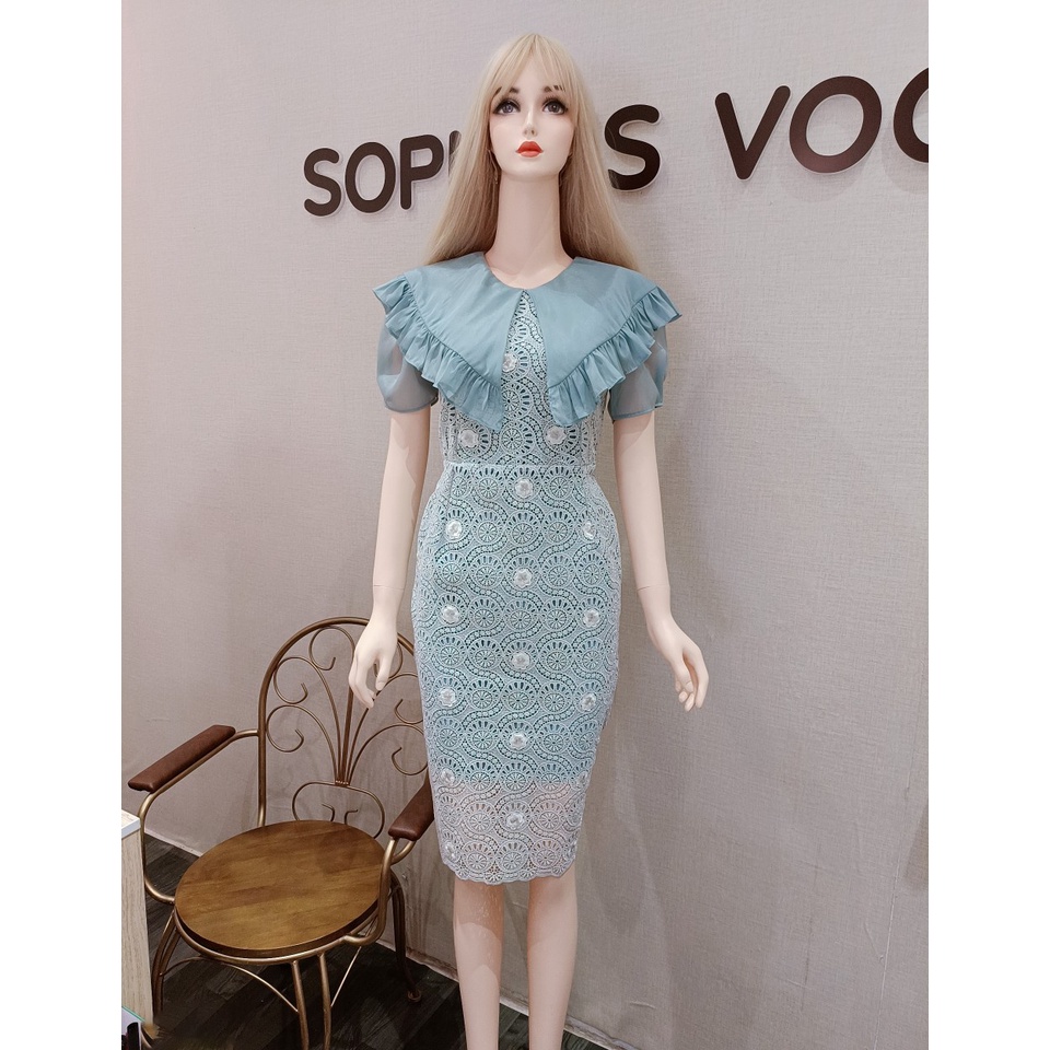 Váy đầm dáng ôm body thêu ren hoa nổi 3d cổ bèo to s m l hotgirl cao cấp công sở đi tiệc bigsize