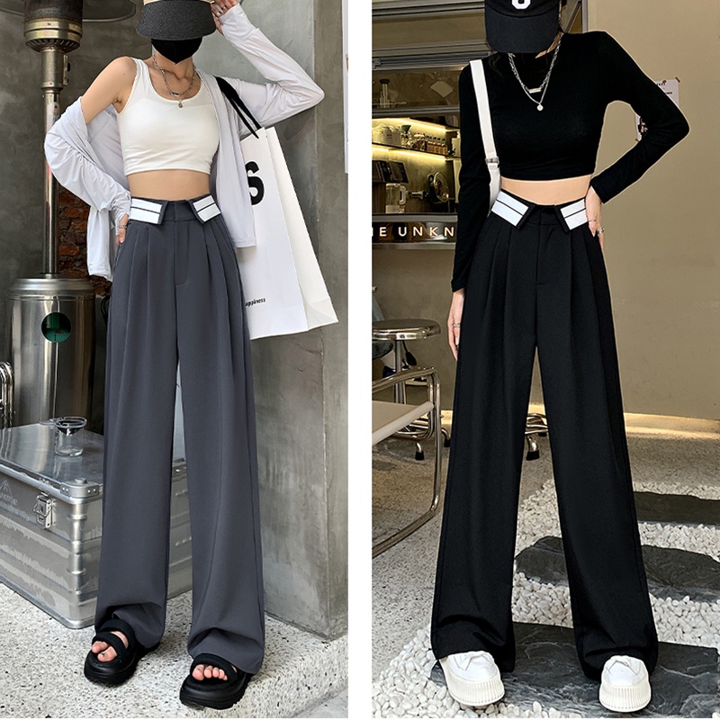 Quần Nữ Dáng Suông Ống Rộng Lưng Cao Kẻ Viền Cạp Gấp Phong Cách Ulzzang Thời Trang Sugal QUAN NU 039V2