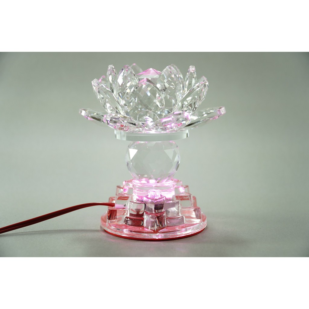 Đèn thờ led cúng điện pha lê nguyên khối hoa sen đổi màu trụ tròn tầng cao cấp - Cao 12cm