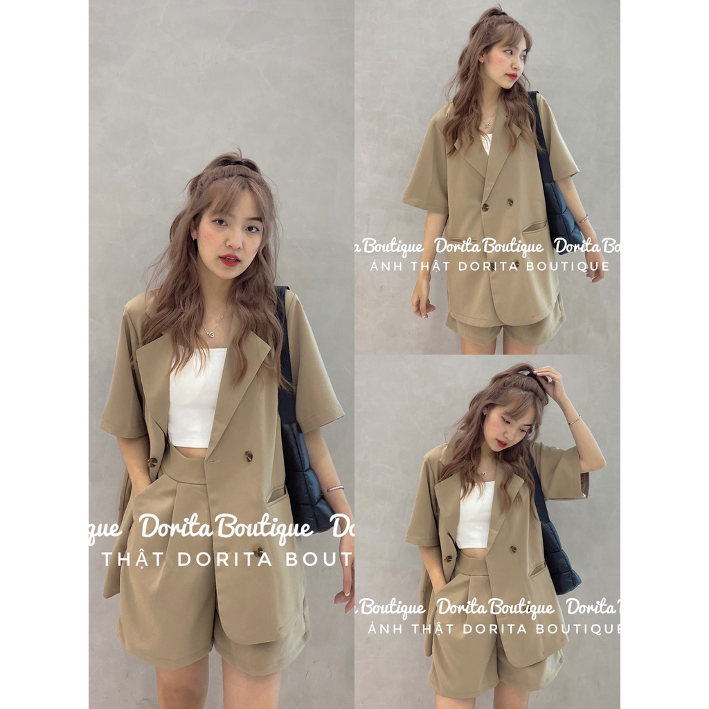Set Blazer trơn basic cộc tay kèm quần short dáng Hàn