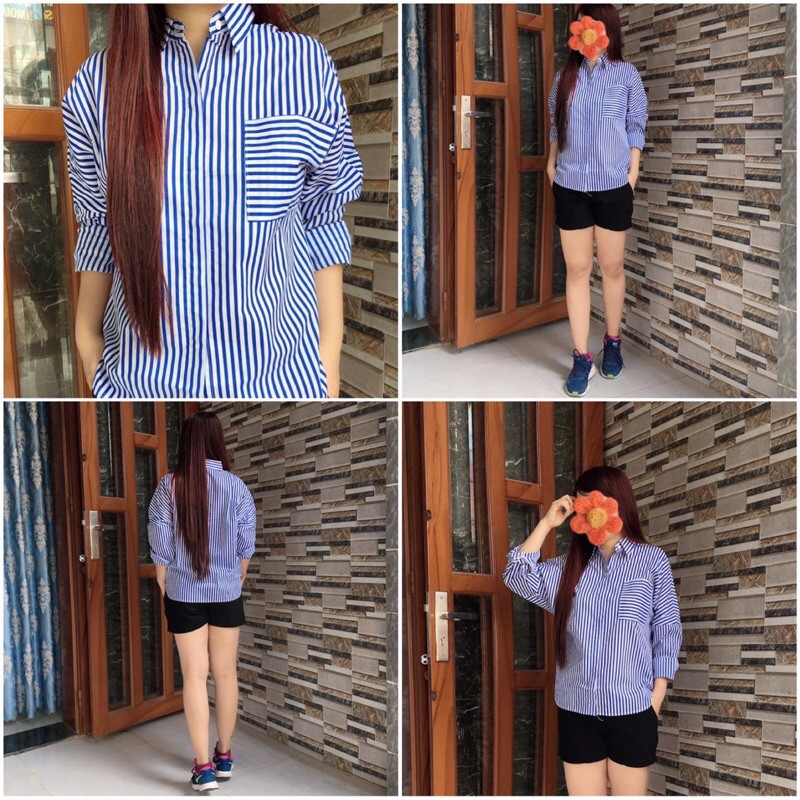 Áo sơ mi Oversize sọc dọc phối túi sọc ngang