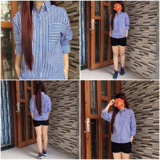 Áo sơ mi Oversize sọc dọc phối túi sọc ngang
