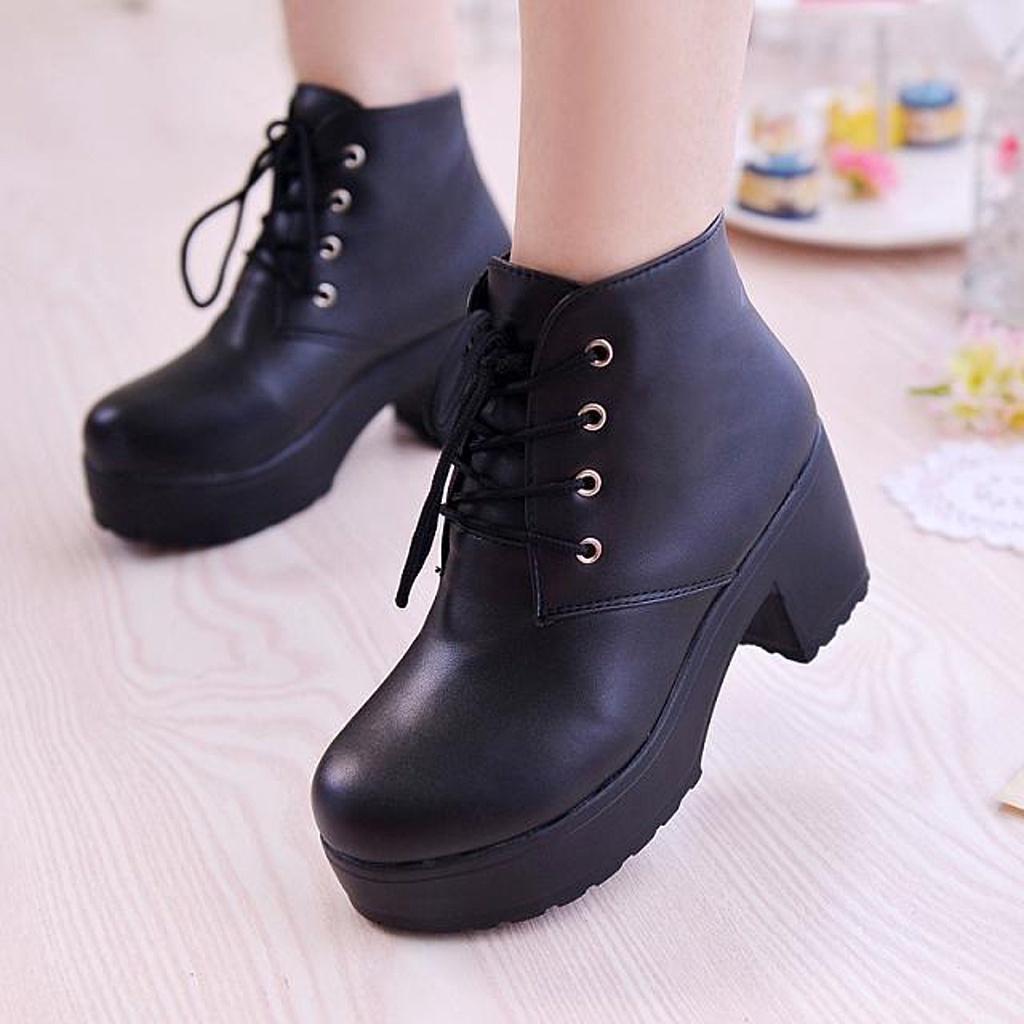 Giày Bốt Martin Nữ Ulzzang, Giày Da Cao Gót Cột Dây Đế Vuông 7cm Phong Cách Hàn Quốc, Vintage - Iclassy_shoes