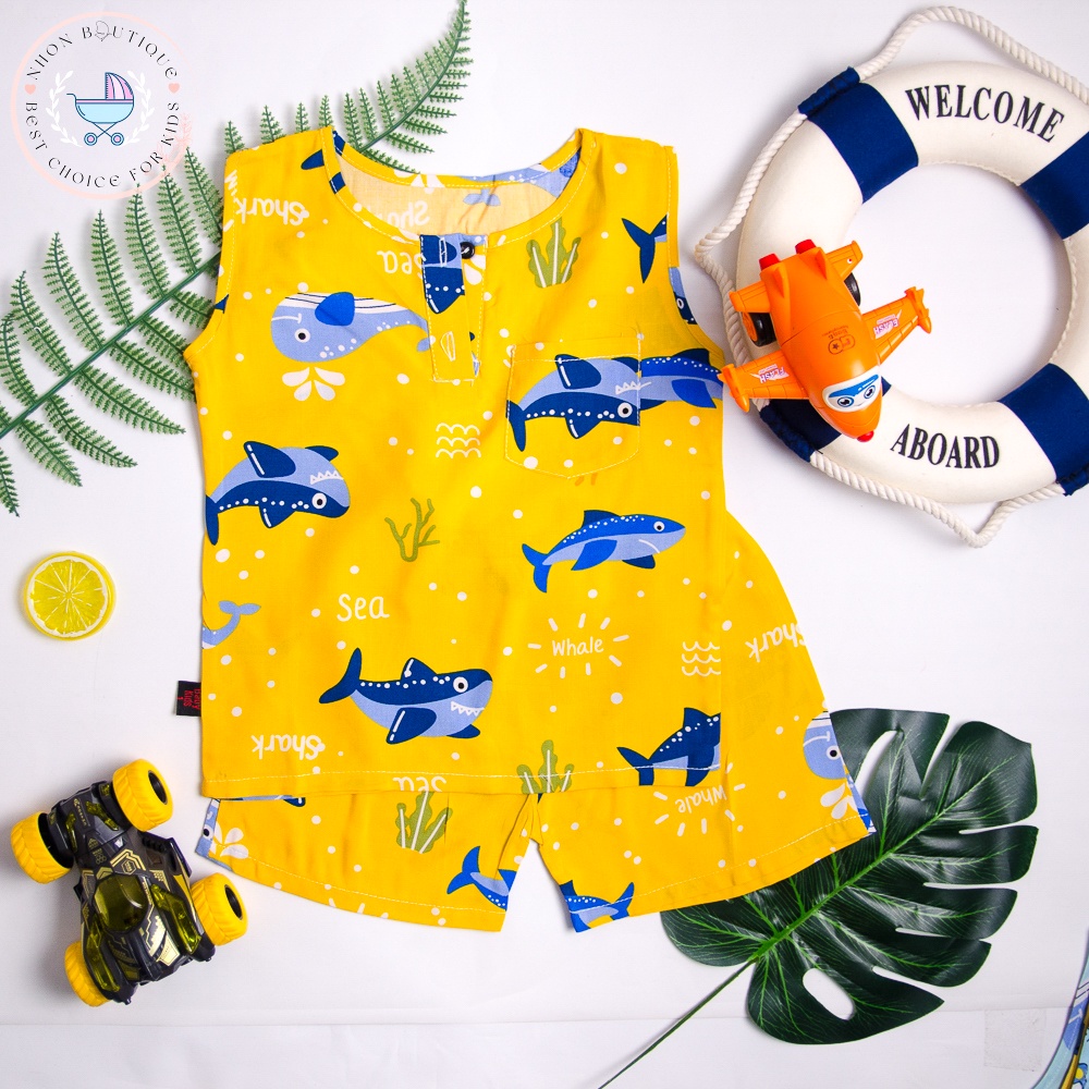 Bộ hè sát nách đáng yêu cho bé trai từ 8-19kg, chất liệu lanh lụa, Ba lỗ cho bé, Bộ tole