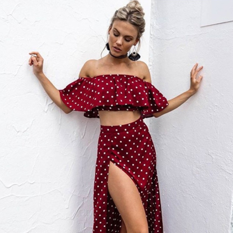 Đầm Maxi Chiffon Hở Vai Họa Tiết Chấm Bi Thời Trang Mùa Hè 2018