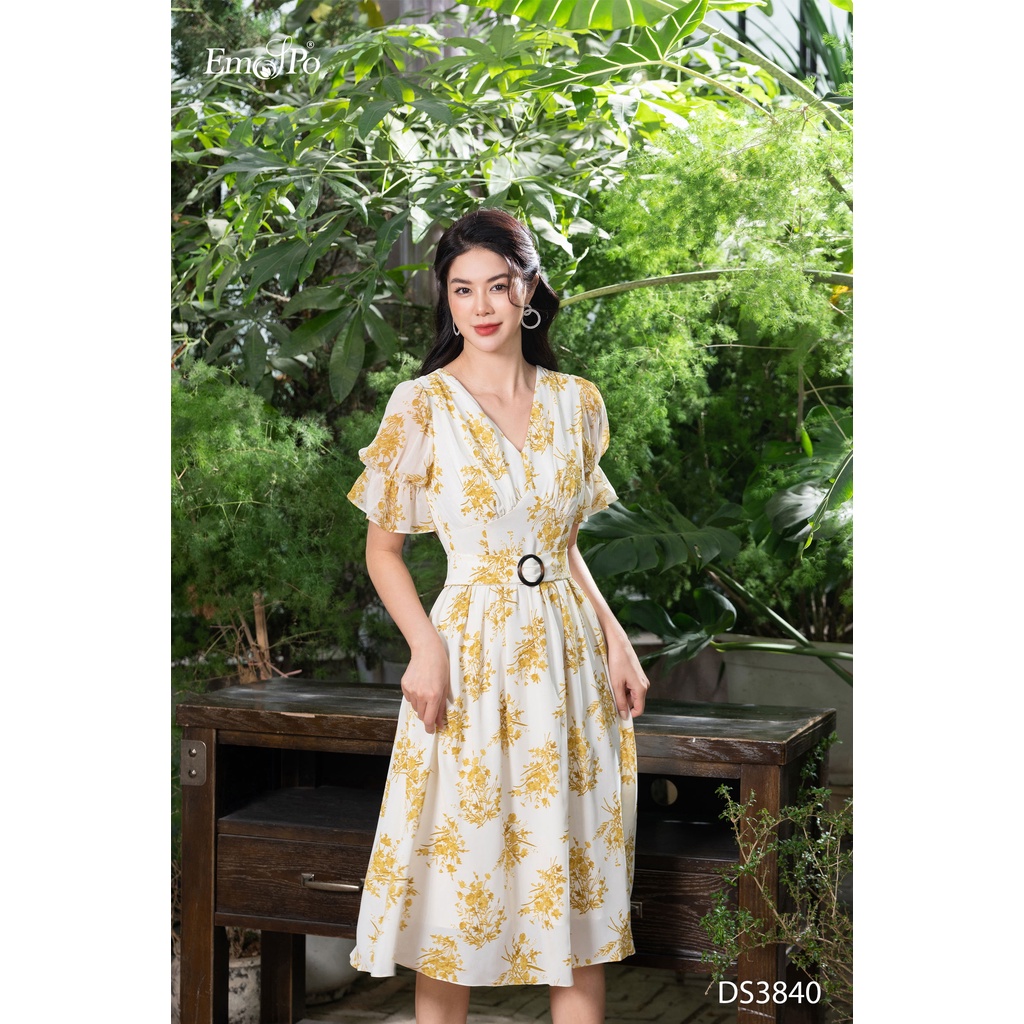 Đầm hoa dáng xòe, cổ tim, chun tay bồng Emspo DS3840