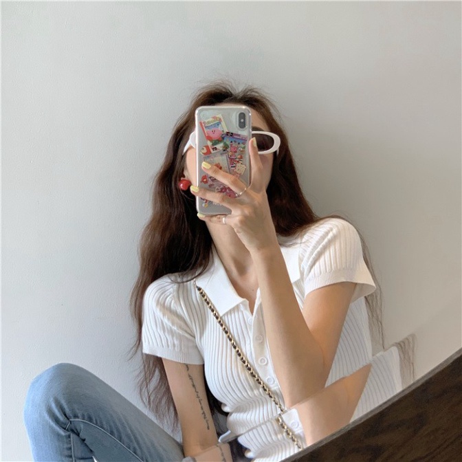 Áo croptop dệt kim tay ngắn cổ polo LUHAZO thời trang Hàn Quốc thanh lịch s4t4-2