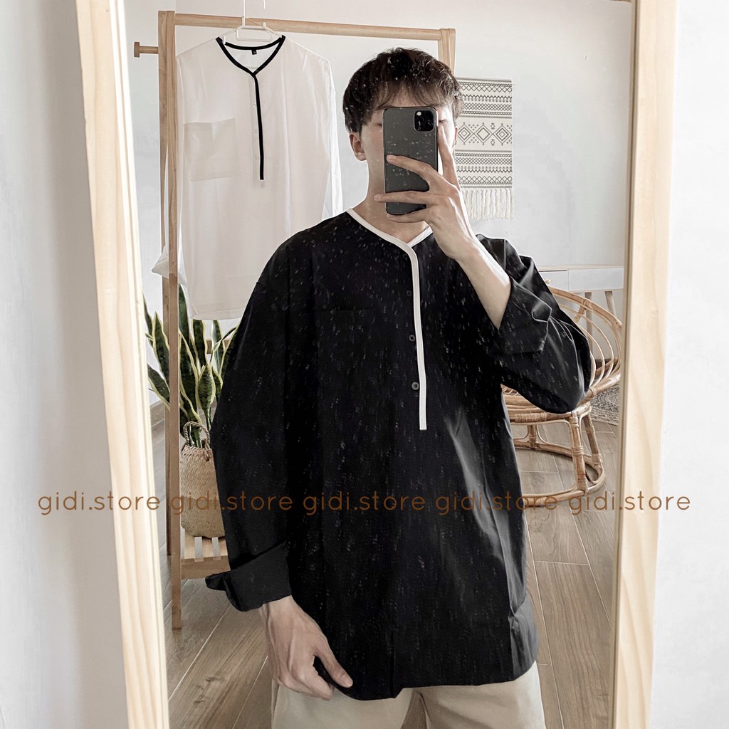 Áo Sơ mi cổ tròn KIỂU HÀN viền trắng/ đen tay dài 💥 Nam Nữ Unisex form rộng