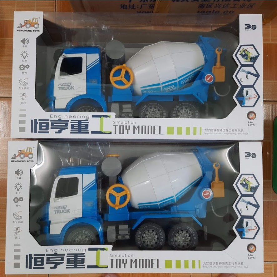 Mô hình xe ô tô chở và trộn bê tông cỡ lớn có âm thanh và đèn đồ chơi trẻ em màu trắng xanh