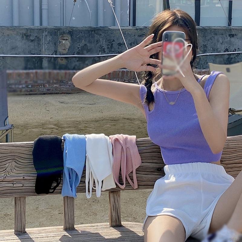 Áo Croptop Dệt Kim Trễ Vai Màu Trơn Đơn Giản Thời Trang Hàn Quốc Cho Nữ