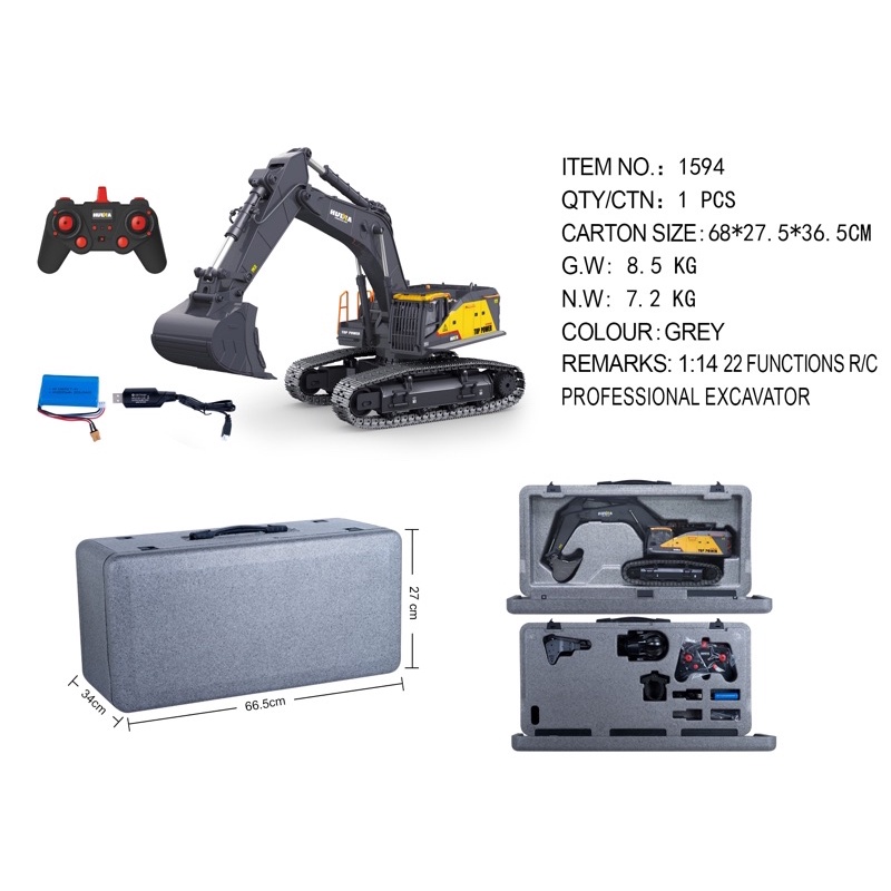 Máy xúc huina điều khiển từ xa 1594  bản kim loại